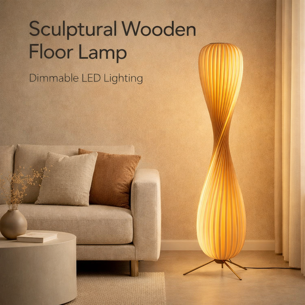 Wooden Floor Lamp Sculptural Dimmable LED Floor Light
