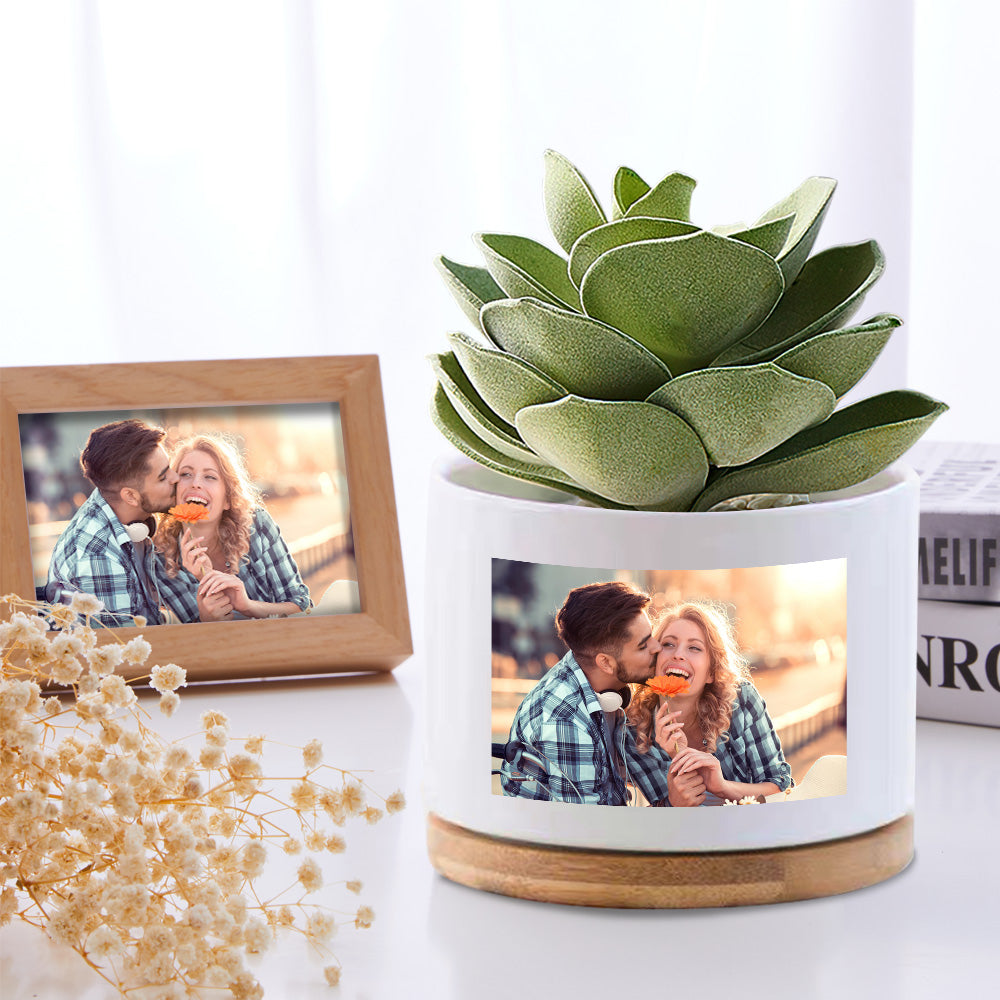 Custom Photo Ceramic Flower Pot Personalized Modern Succulent Planter Pots with Bamboo Tray