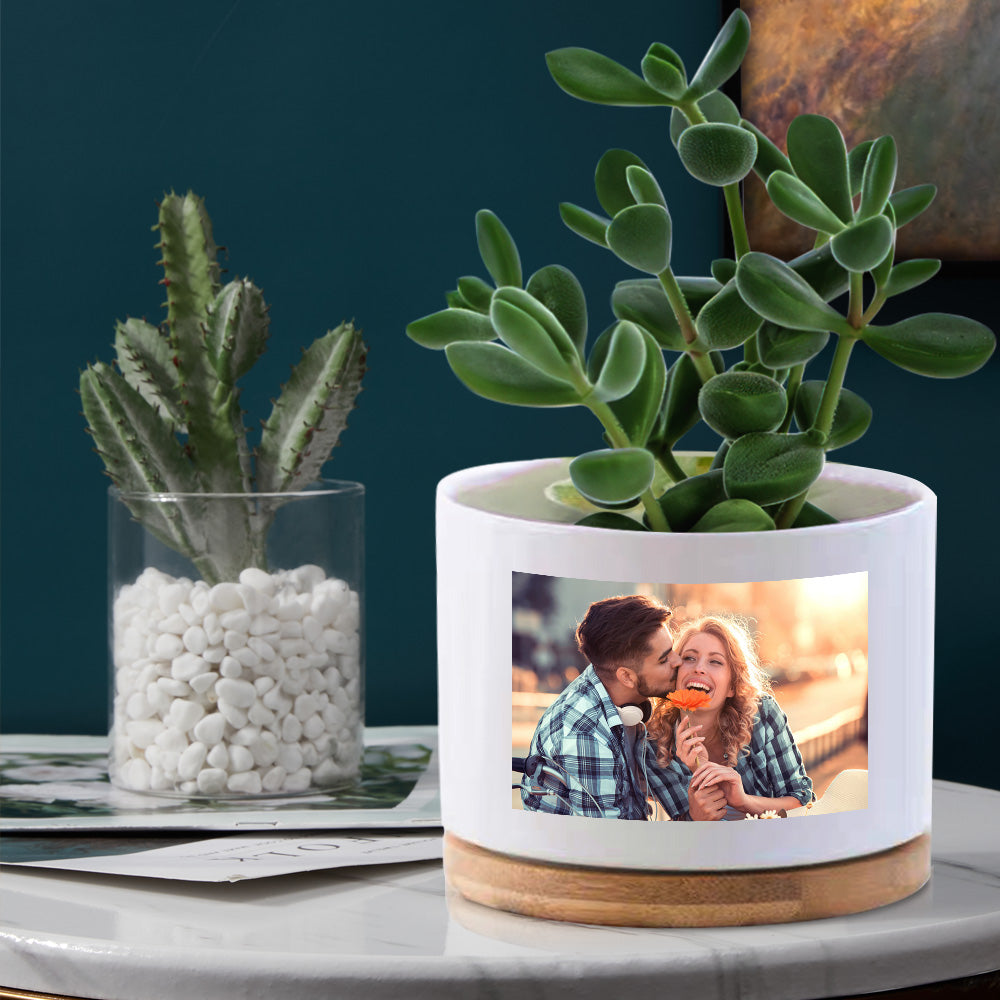 Custom Photo Ceramic Flower Pot Personalized Modern Succulent Planter Pots with Bamboo Tray