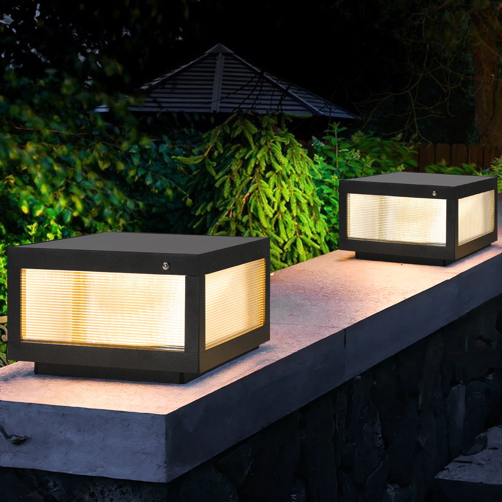 12' Black Solar Powered LED Post Cap Light, Modern Outdoor LED Fence Light (2-Pack)