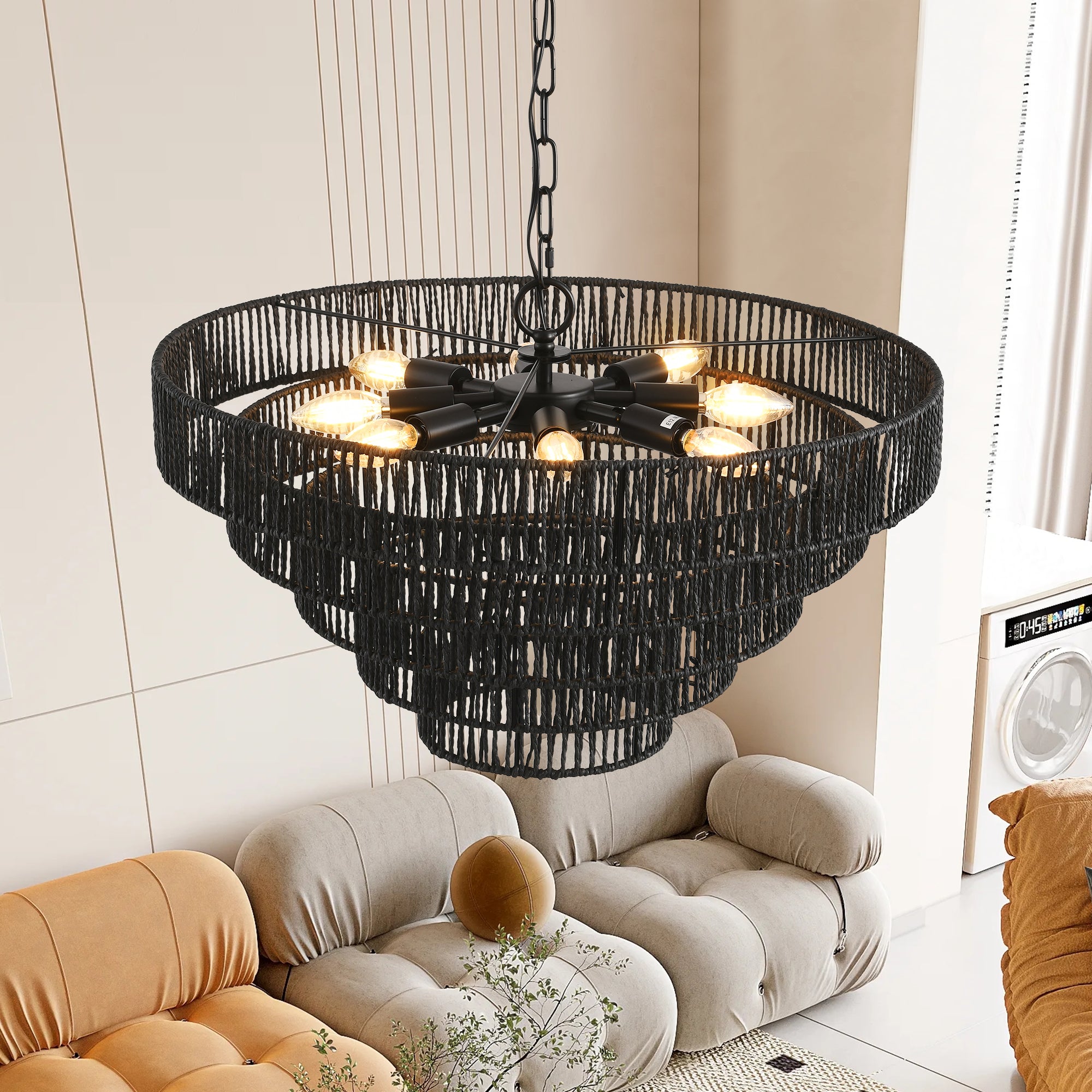 Natural Wood Finish Rattan Chandelier