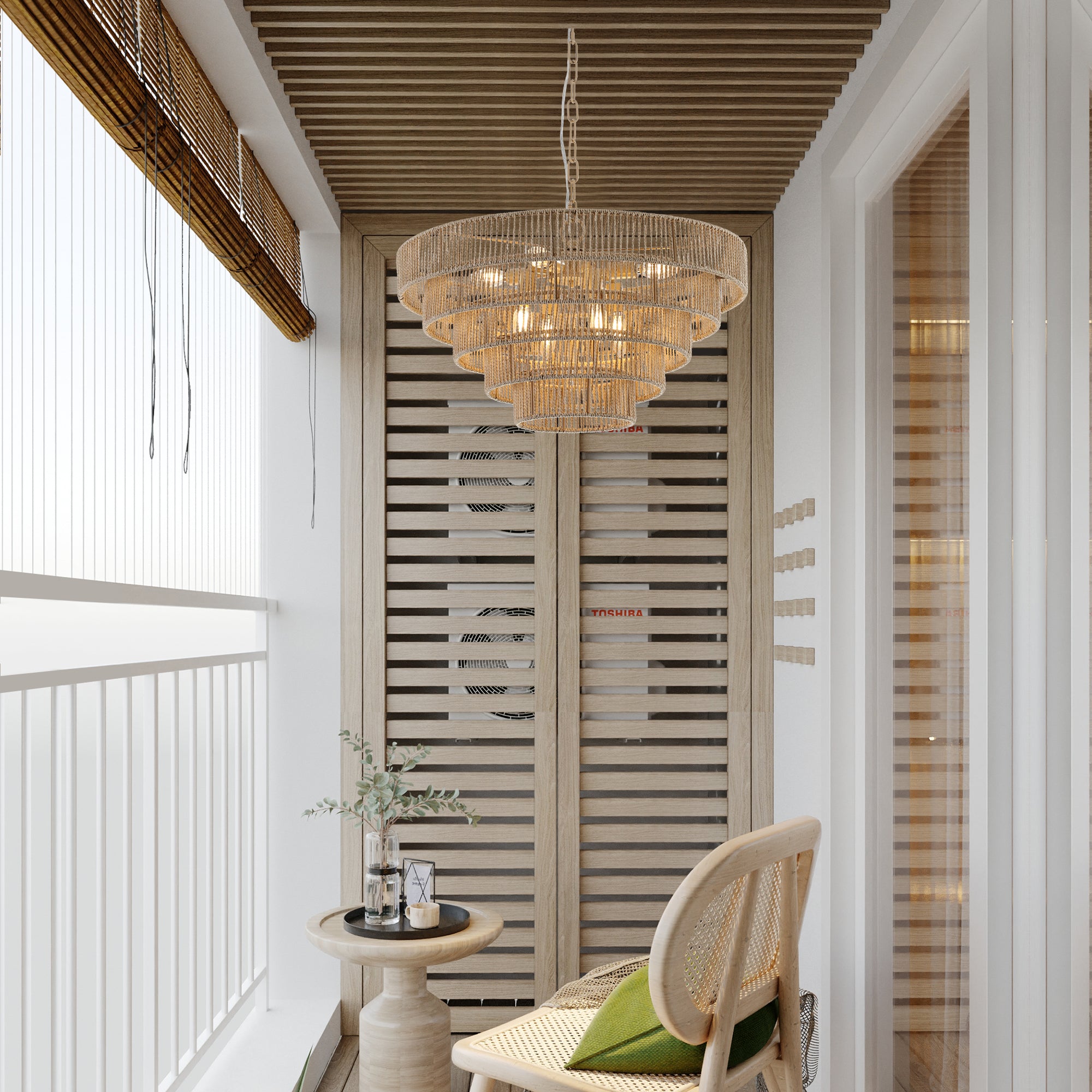 Natural Wood Finish Rattan Chandelier