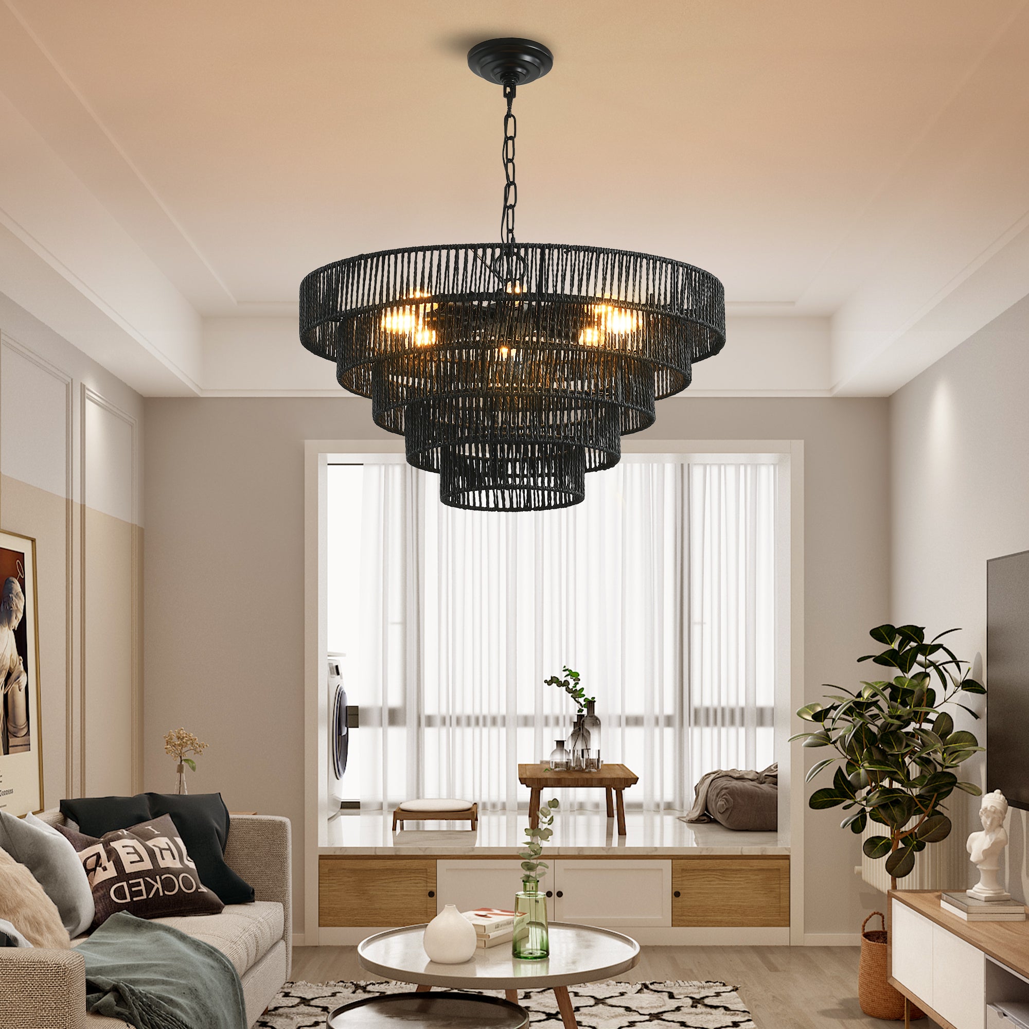 Natural Wood Finish Rattan Chandelier