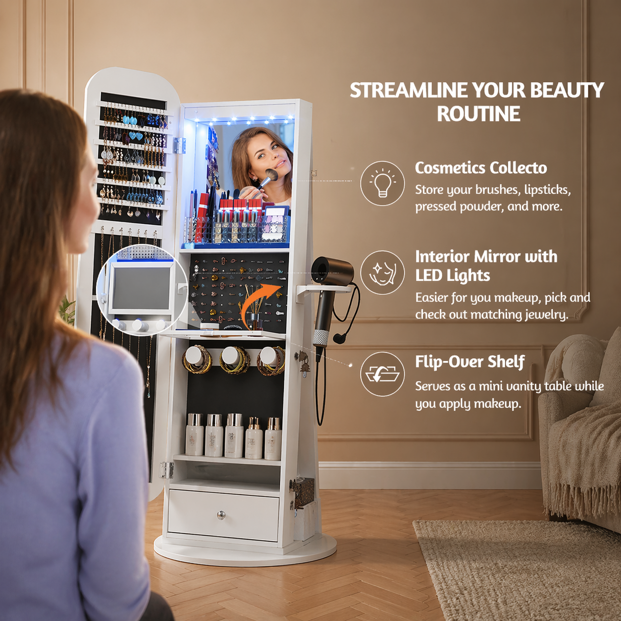 LED Full-Length Mirror with 360° Rotating Wave Mirror Jewelry Cabinet, Lockable with Built-in Folding Shelf