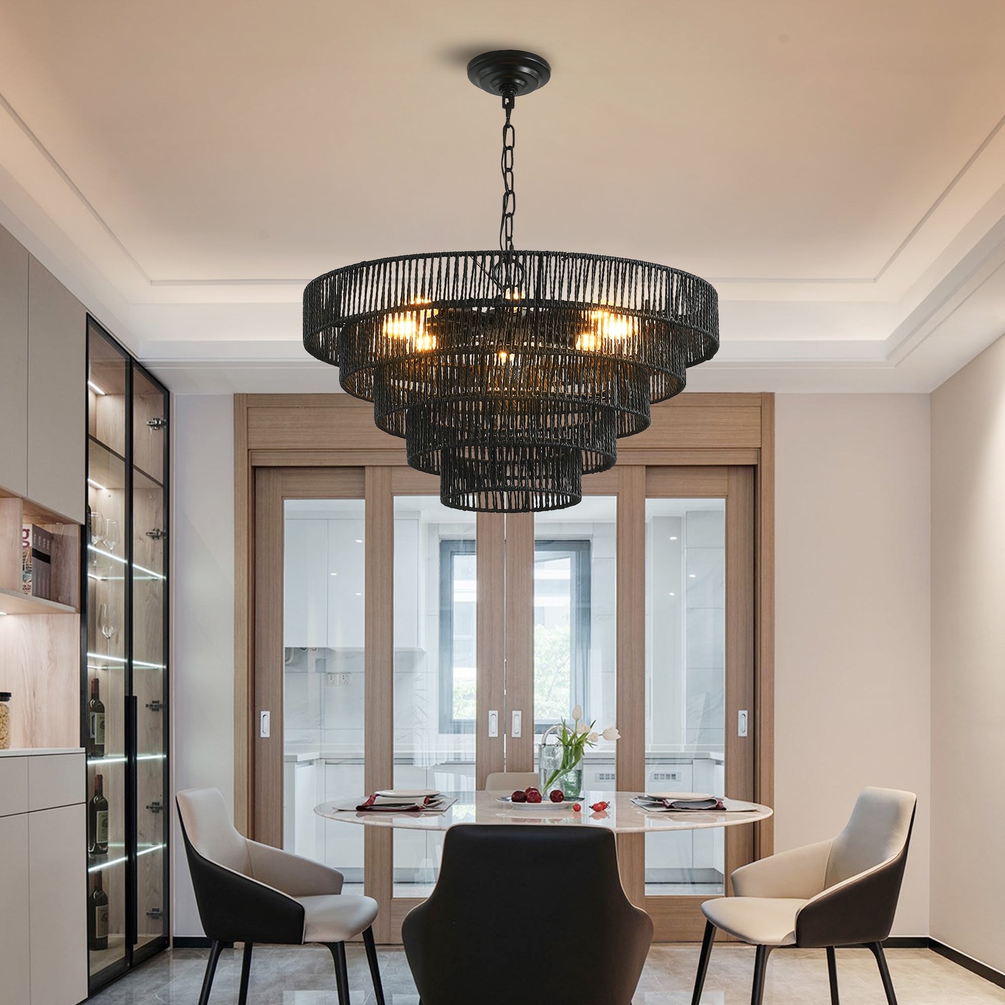 Natural Wood Finish Rattan Chandelier