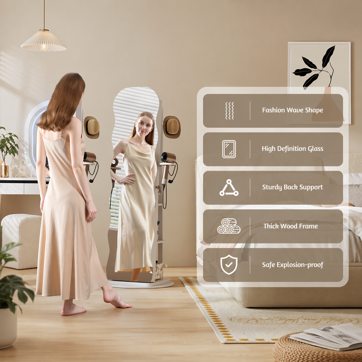 LED Full-Length Mirror with 360° Rotating Wave Mirror Jewelry Cabinet, Lockable with Built-in Folding Shelf