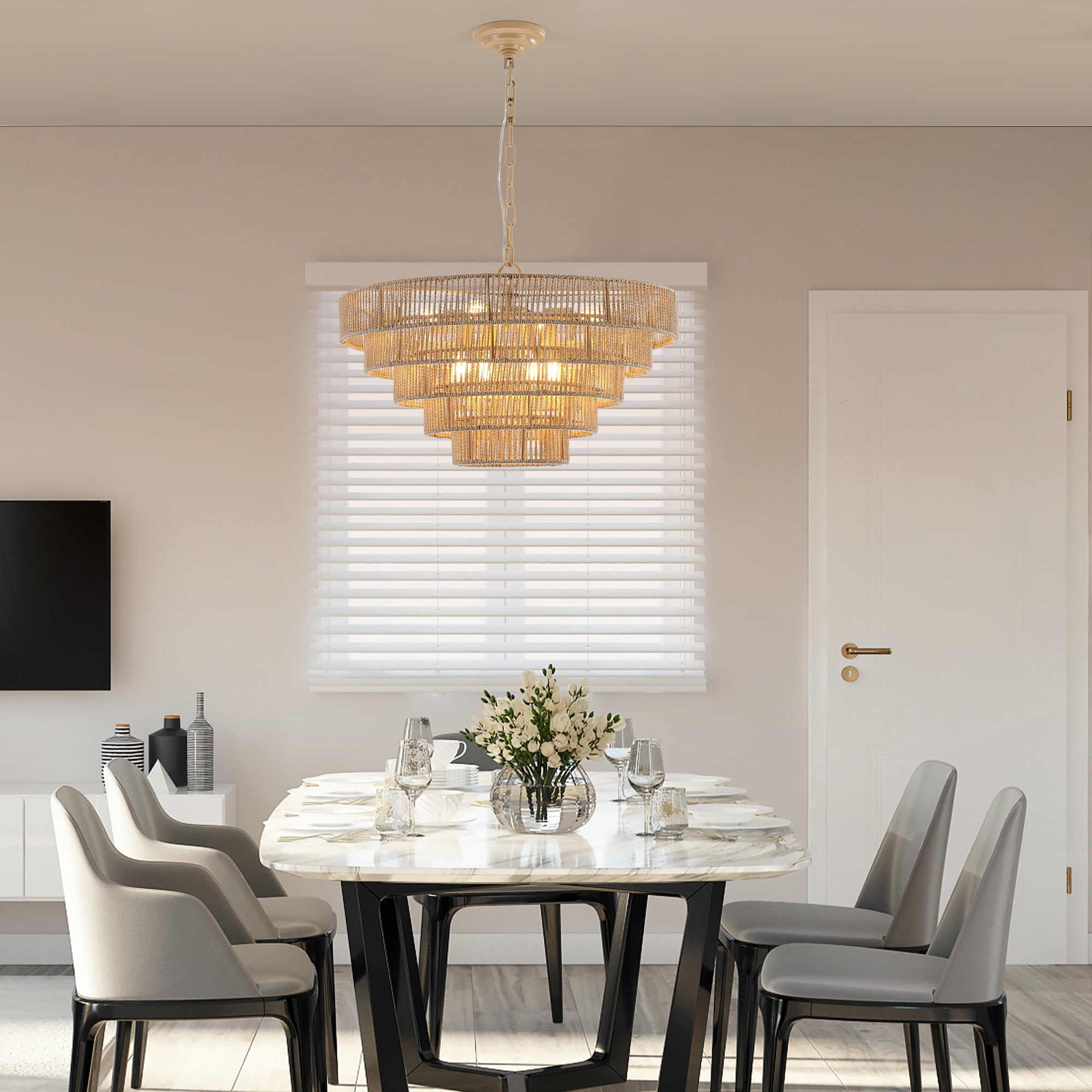 Natural Wood Finish Rattan Chandelier