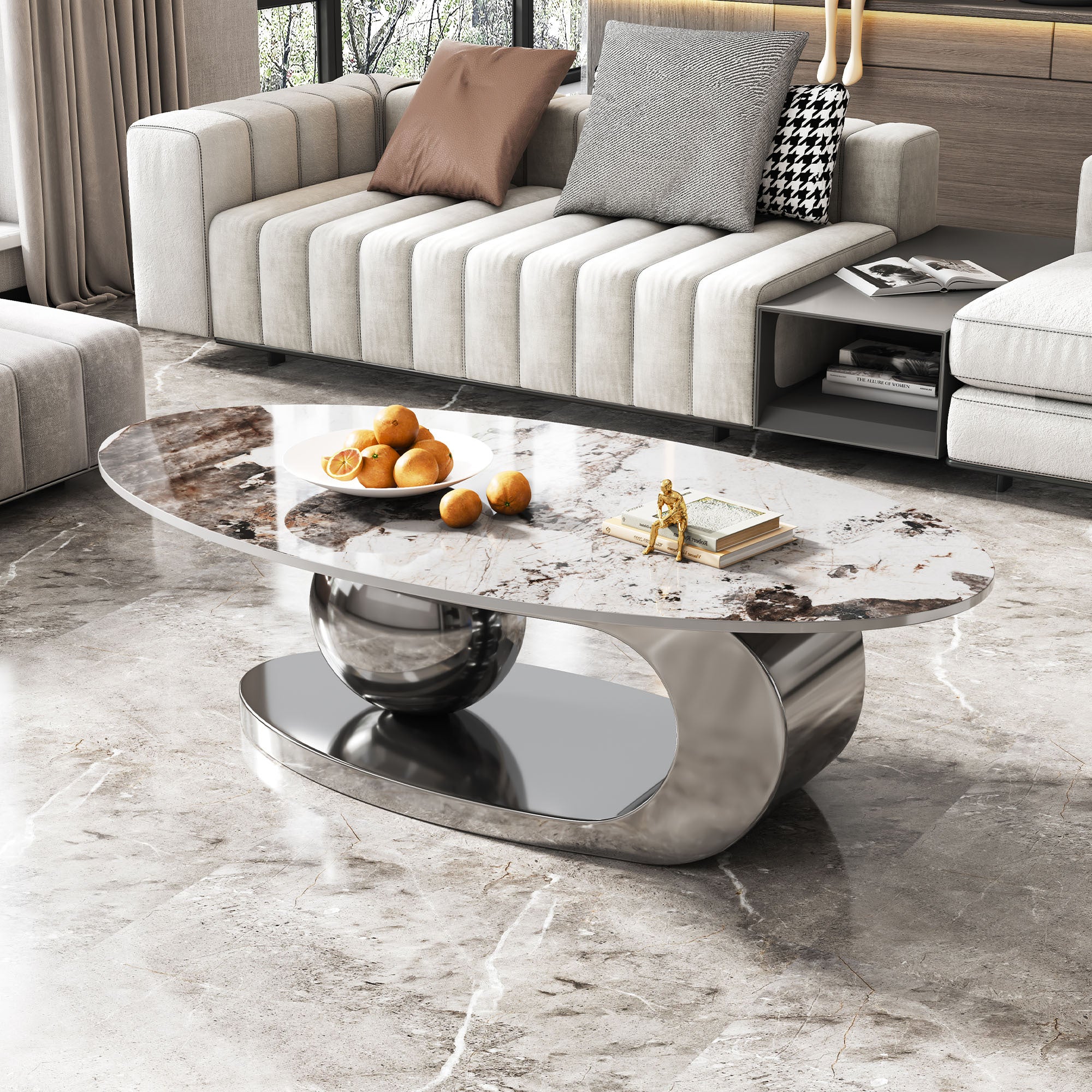 49.2 Inches Oval Faux Marble Coffee Table for Living Room with Stainless Steel Base