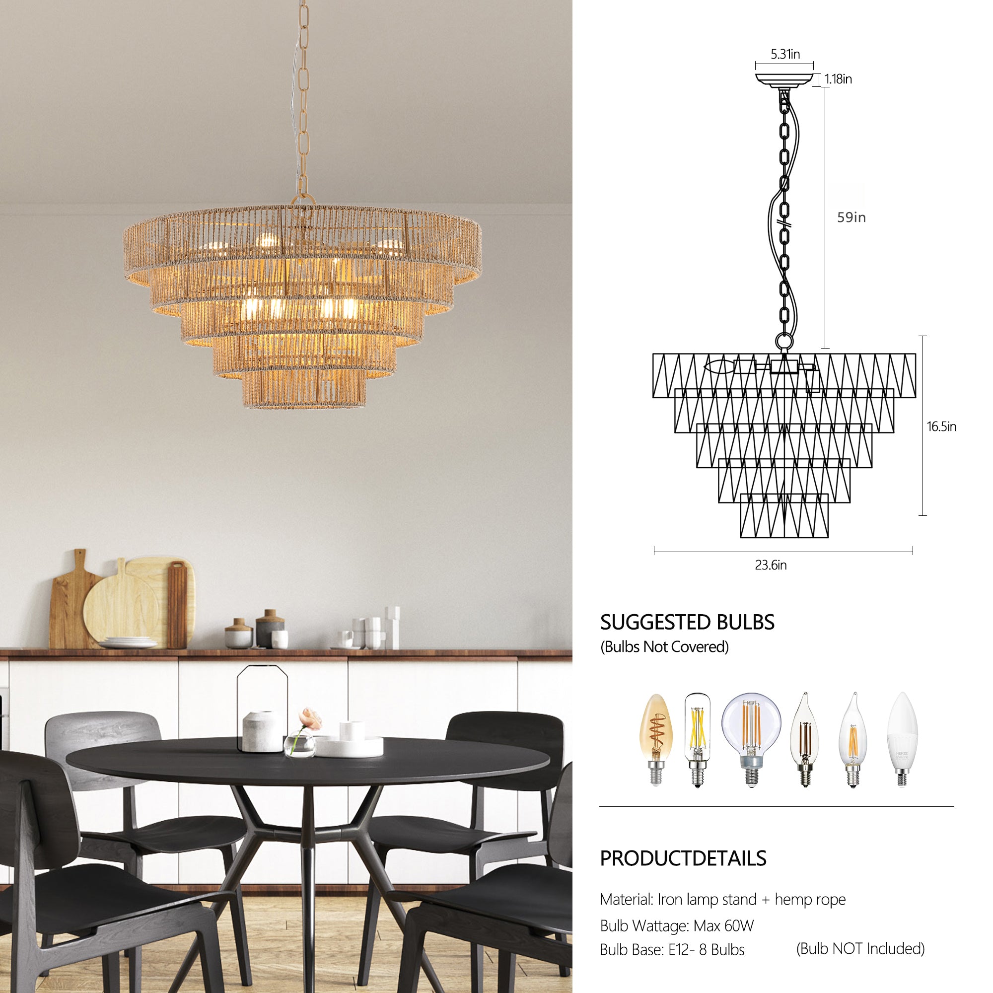 Natural Wood Finish Rattan Chandelier