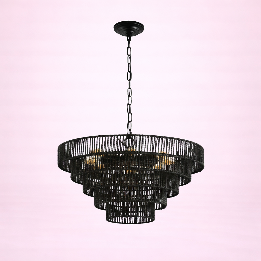 Natural Wood Finish Rattan Chandelier