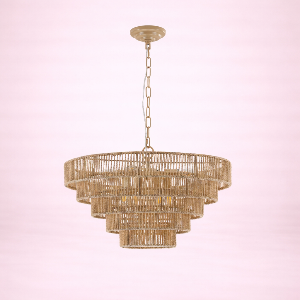 Natural Wood Finish Rattan Chandelier