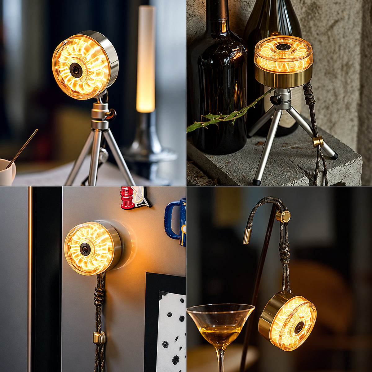 Donut Glow ambient lamp shown on a tripod, magnetically mounted and hanging in four lifestyle scenes.