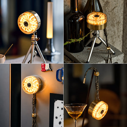 Donut Glow ambient lamp shown on a tripod, magnetically mounted and hanging in four lifestyle scenes.