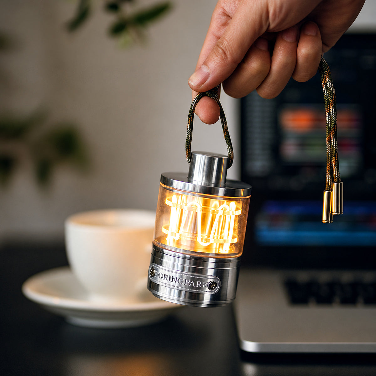 Heartbeat Glow portable lantern held in a refined workspace beside a laptop and coffee cup.
