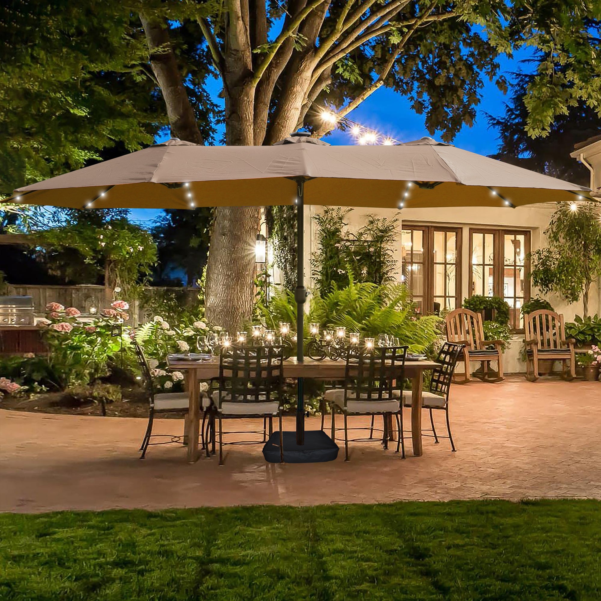 Large Solar-Powered Patio Umbrella with LED Lights – Double Canopy Outdoor Shade