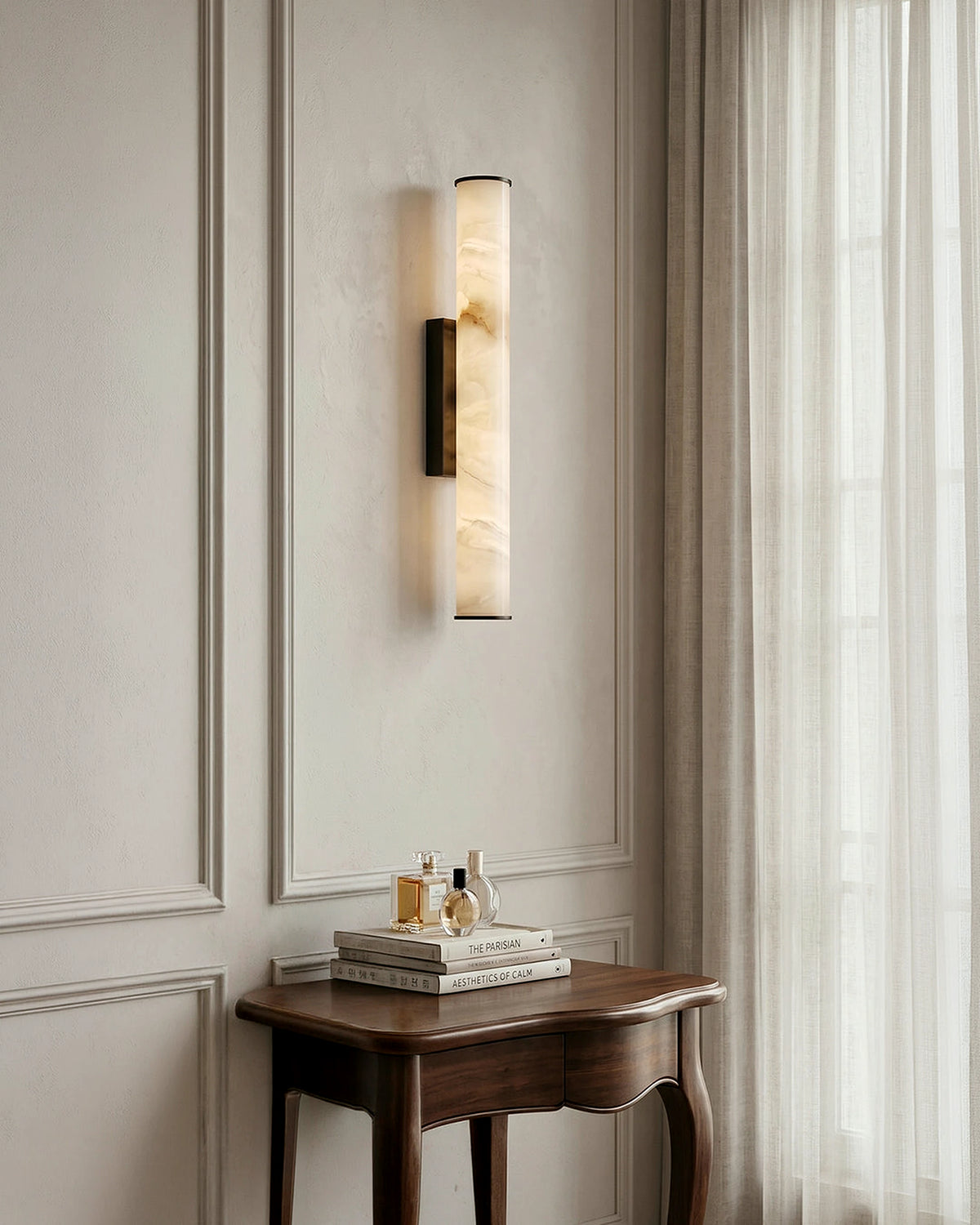 Circular LED wall sconce detail in a contemporary room