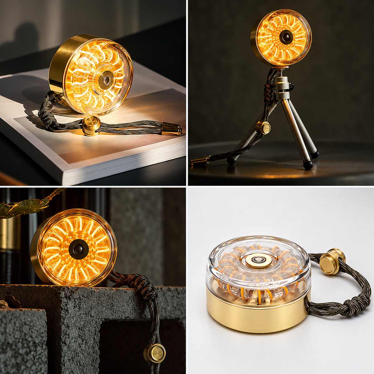 Donut Glow brass ambient lamp in four premium product and lifestyle views.