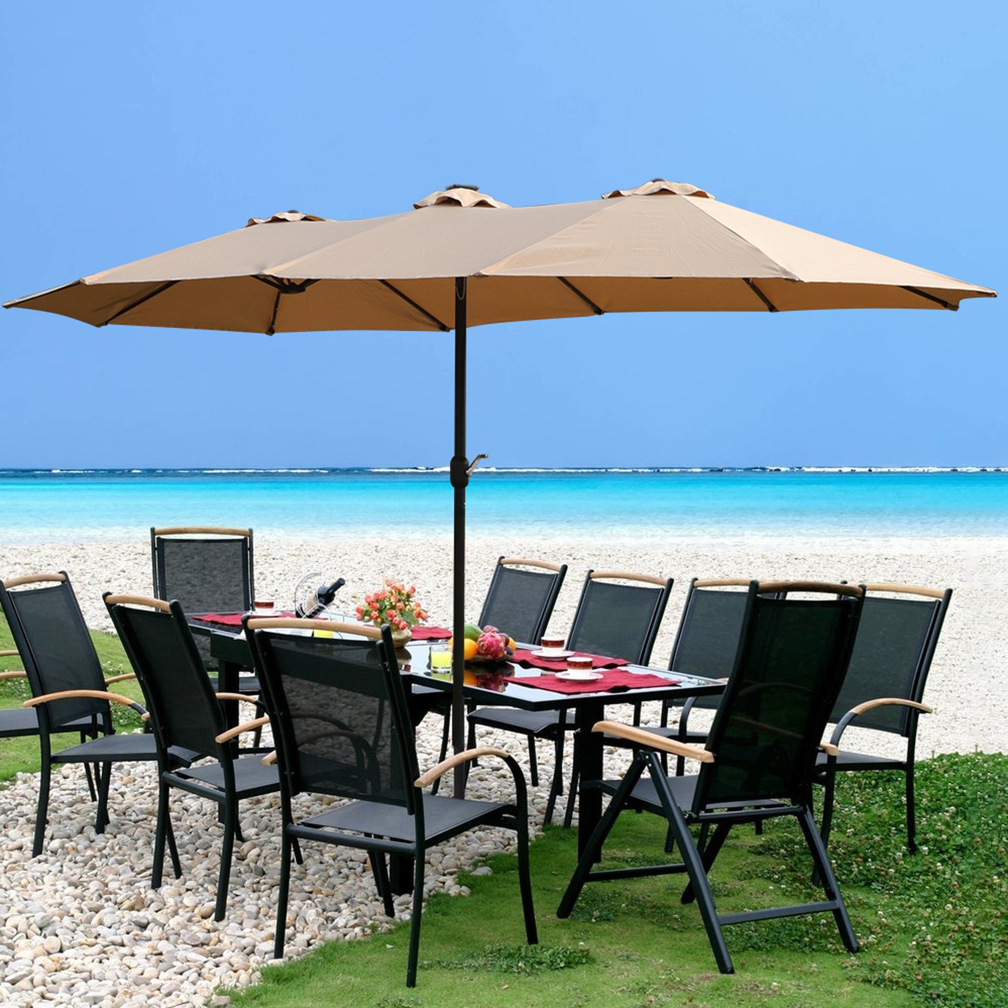 Large Solar-Powered Patio Umbrella with LED Lights – Double Canopy Outdoor Shade