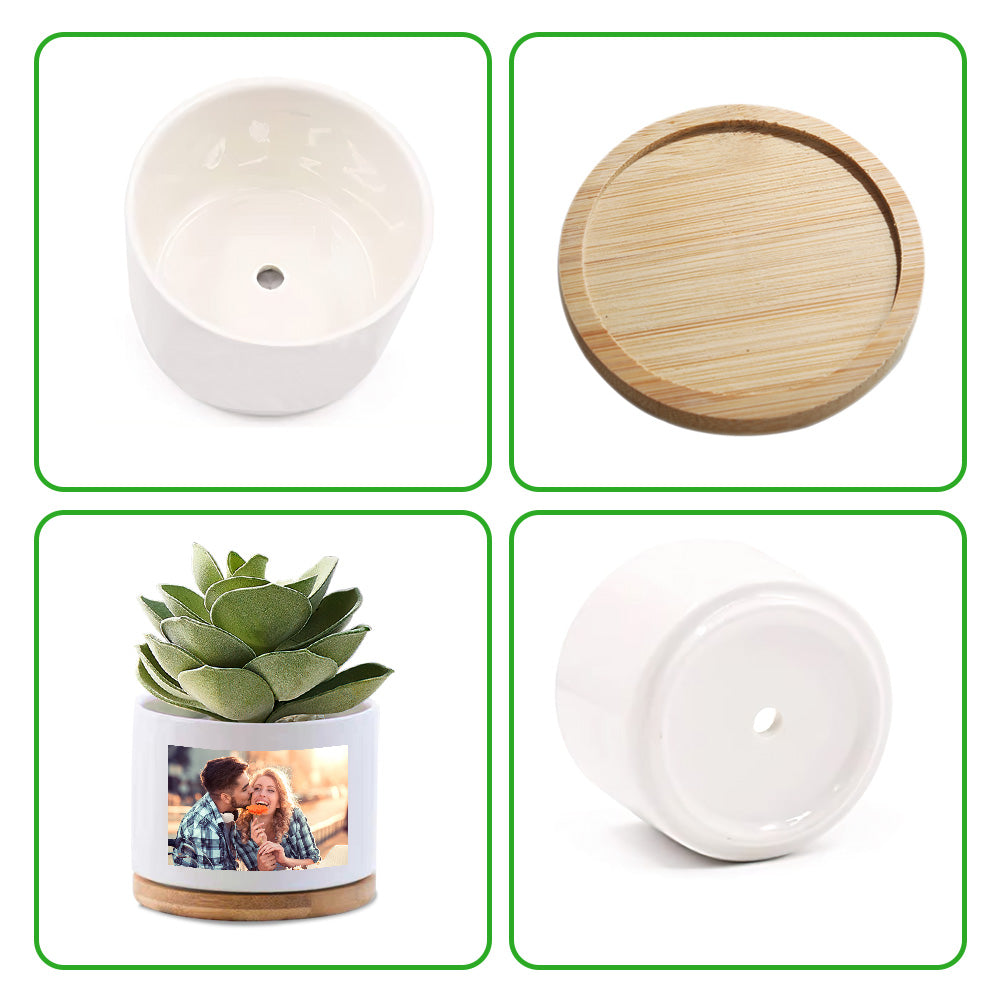 Custom Photo Ceramic Flower Pot Personalized Modern Succulent Planter Pots with Bamboo Tray