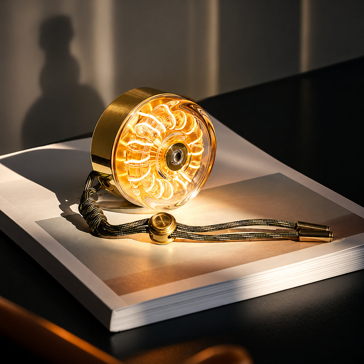 Donut Glow brass ambient lamp casting warm light on a book.