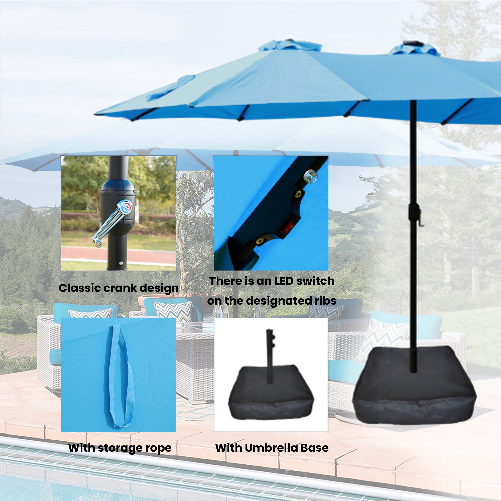 Large Solar-Powered Patio Umbrella with LED Lights – Double Canopy Outdoor Shade