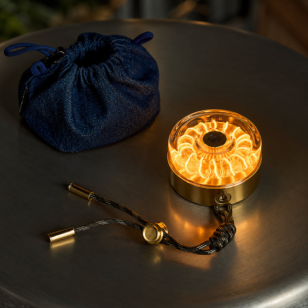 Donut Glow brass ambient lamp with braided cord and storage pouch.