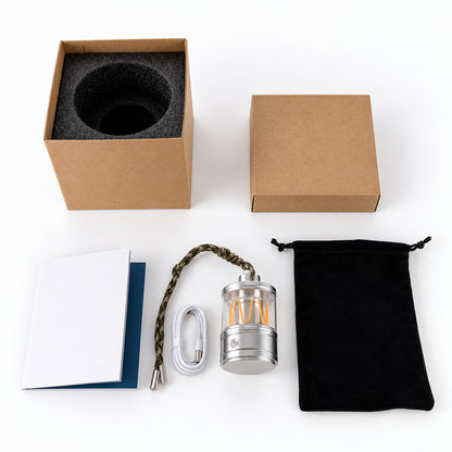 Heartbeat Glow portable lantern package contents with charging cable, carrying pouch and protective boxes.