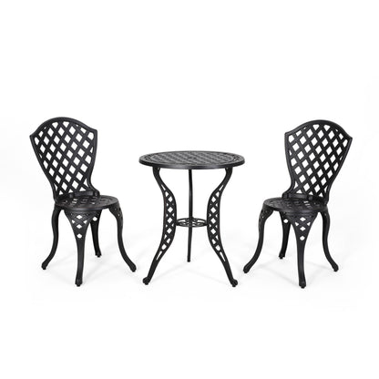 BONO Metal Bistro Set with Lattice Pattern in Black Cast Aluminum for Outdoor Patio