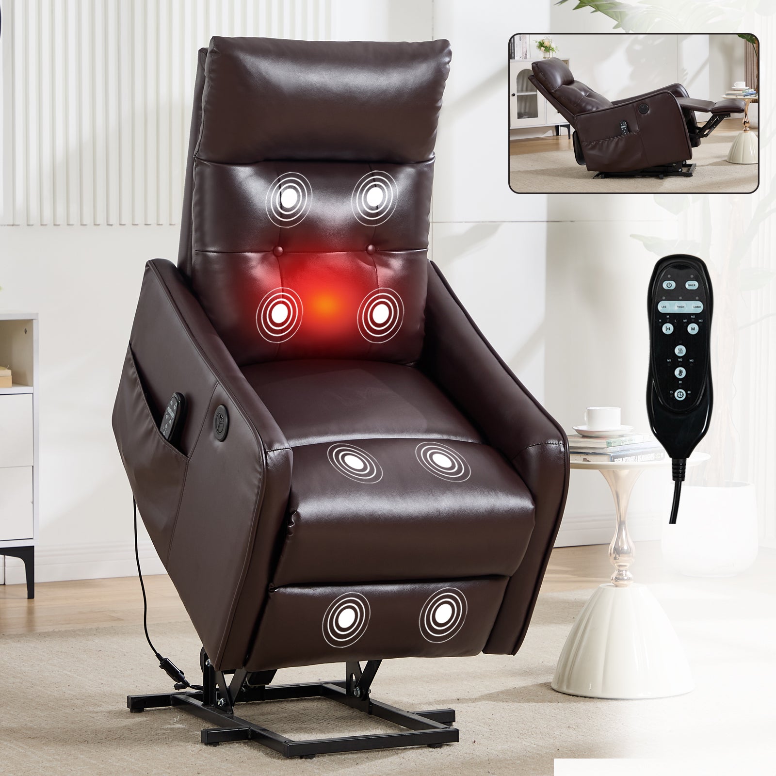 Brown PU Power Lift Recliner Chair with Massage & Heating Heavy-Duty One-Button Assist Seat