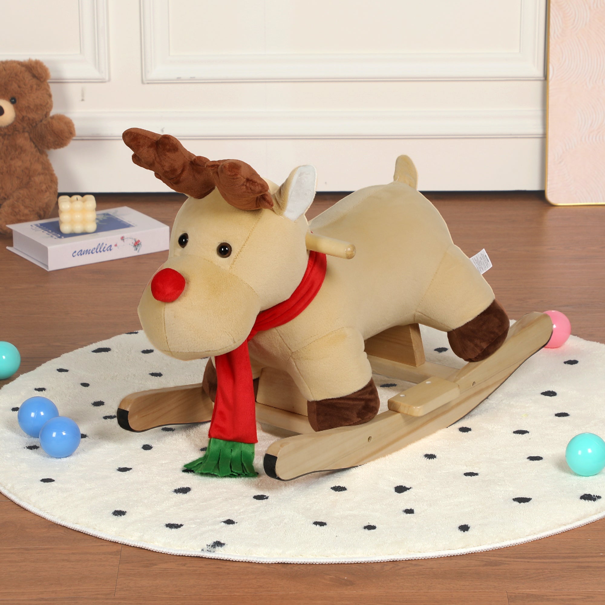 Kids Ride-On Rocking Horse Toy with Lullaby Song,Moose Rocking Toy with Hand Puppets and Safety Belt For Children 1-3 Years,Soft Plush Fabric,Apricot