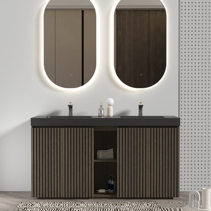 GALAN60F' Smoked Oak Bathroom Vanity with Sink, Large Storage Freestanding Bathroom Vanity for Modern Bathroom, One-Piece Black Sink Basin without Drain and Faucet, KD