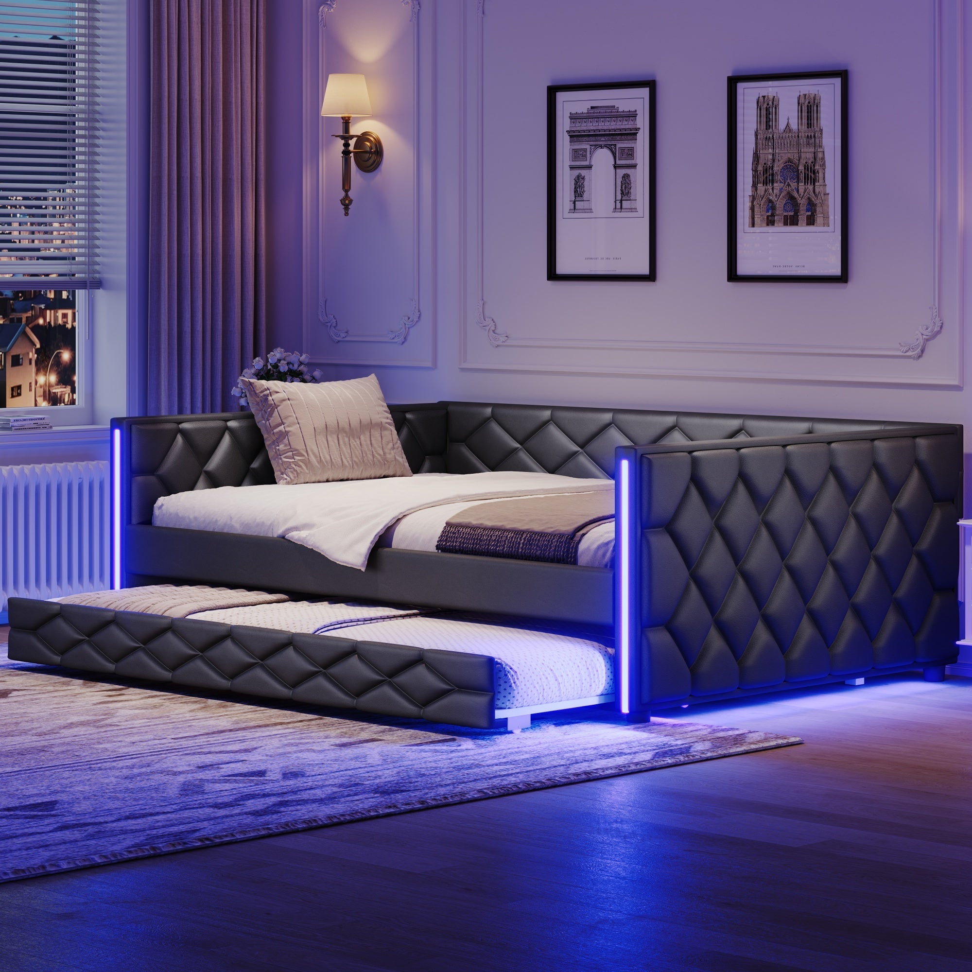Full XL Size Upholstered Daybed with Trundle and LED, Black (Expected Arrival Time: 9.17)