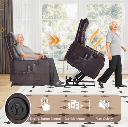 Brown PU Power Lift Recliner Chair with Massage & Heating Heavy-Duty One-Button Assist Seat