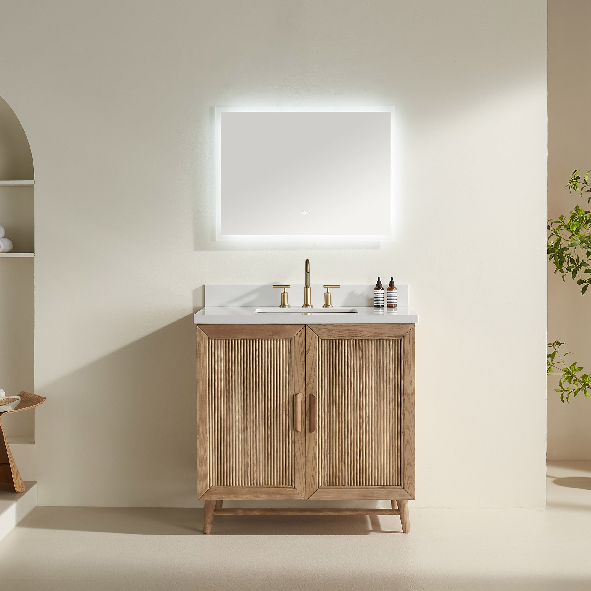 Fully Assembled 36''  Light Coffee Freestanding Single Sink Bathroom Vanity with Solid Wood Construction and Engineered White Top