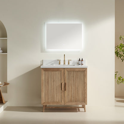 Fully Assembled 36''  Light Coffee Freestanding Single Sink Bathroom Vanity with Solid Wood Construction and Engineered White Top
