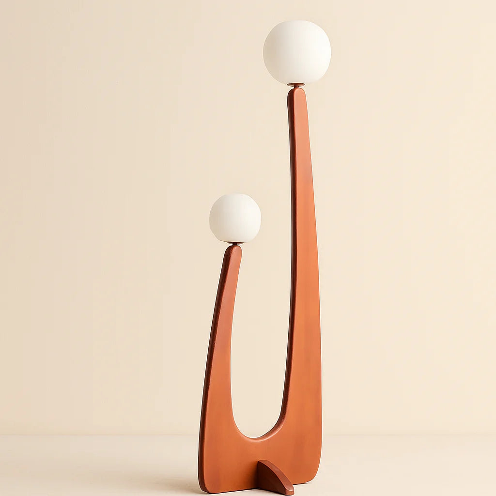 Modern Minimalist Walnut Solid Wood Glass Ball 2-Light Standing Floor Lamp