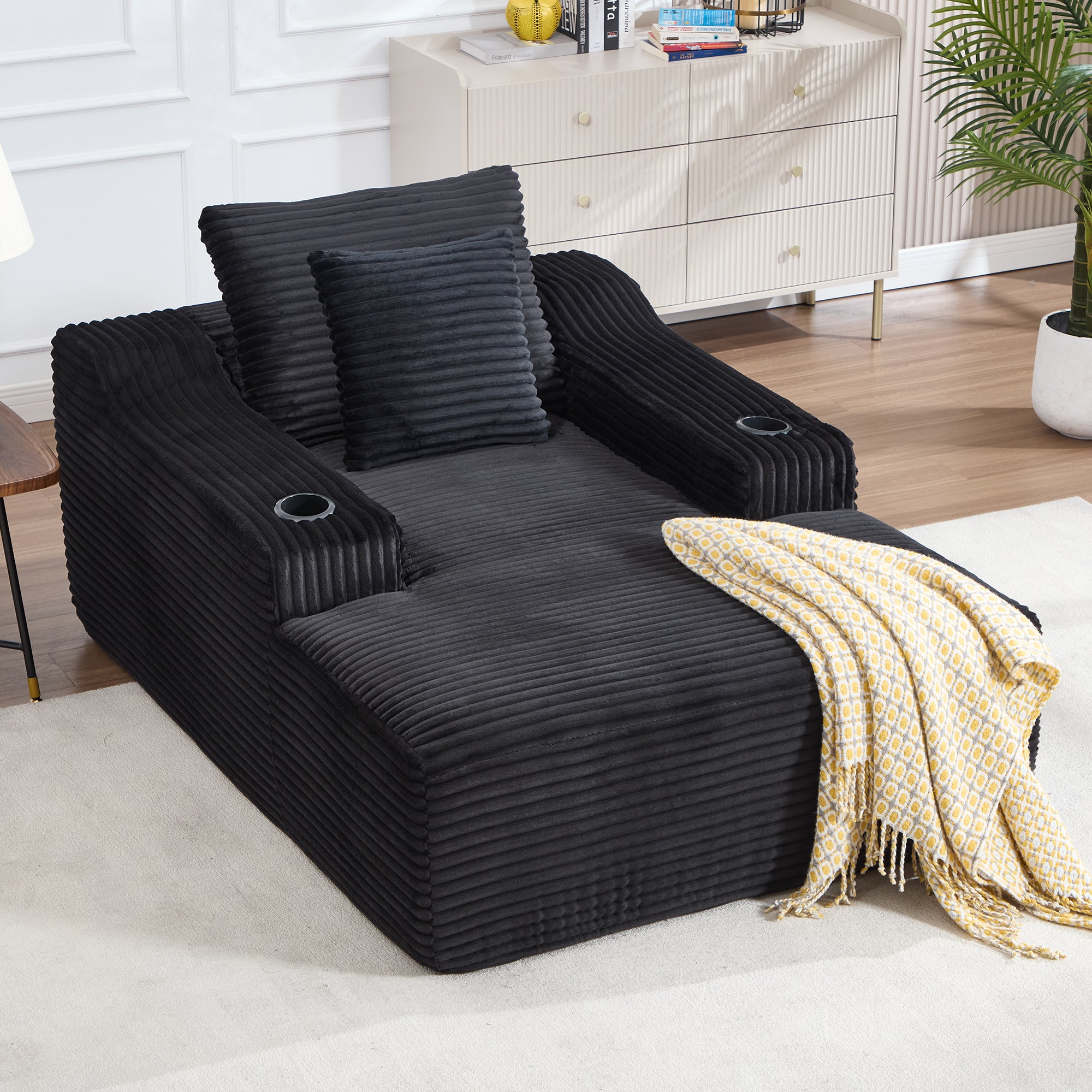 Black Chaise Lounge Chair Wide Armrest Indoor Corduroy Oversized Sleeper Sofa Seat Lounge and Three Soft Pillows No Assembly Required