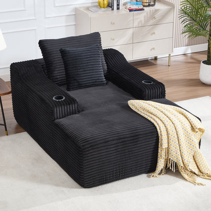 Black Chaise Lounge Chair Wide Armrest Indoor Corduroy Oversized Sleeper Sofa Seat Lounge and Three Soft Pillows No Assembly Required