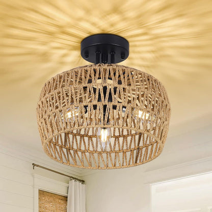 Semi Flush Mount Ceiling Light, Rattan Light Fixture Ceiling Mount with Handmade Wicker Lampshade, 3-Lights Boho Chandelier