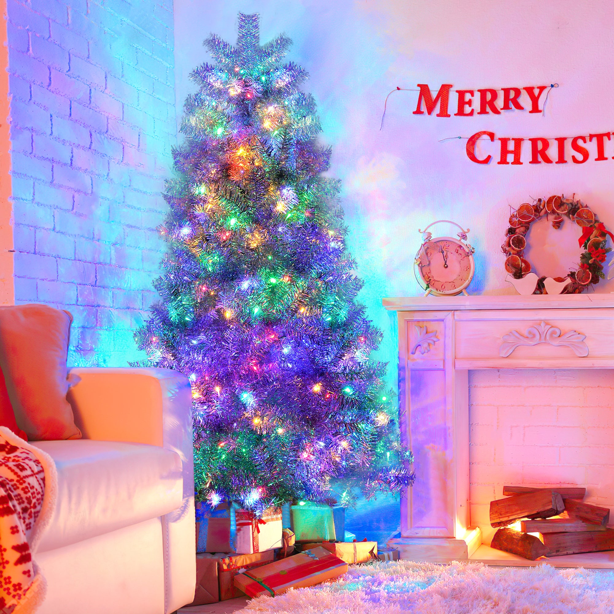6FT Sliver Pre-Lit Artificial Christmas Tree, Hinged Full Tree with Metal Stand, 800 Branch Tips, 300 LED Lights,11 Lighting Modes, Holiday Decoration Tree for Indoor and Outdoor