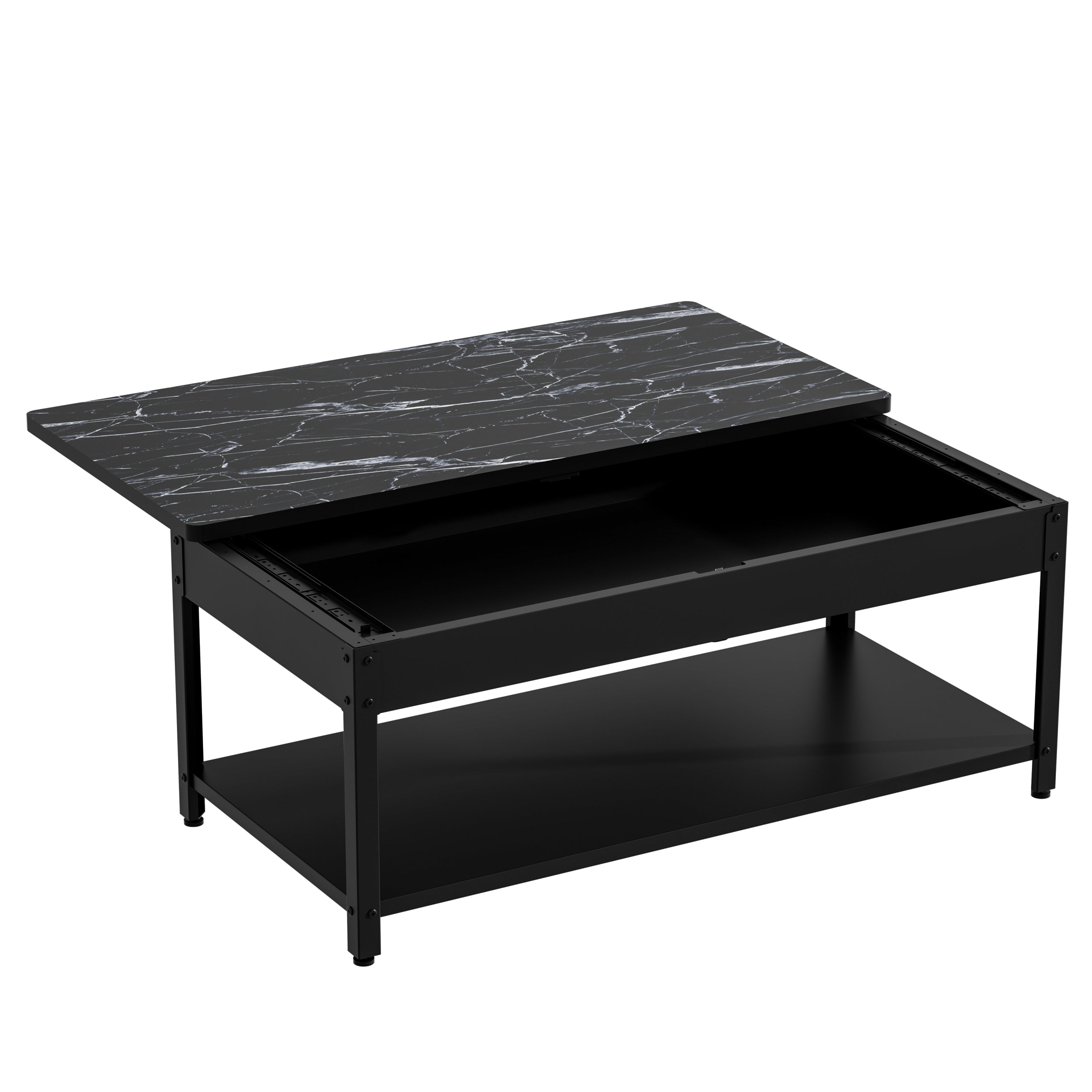 Rectangular double-layer coffee table with hidden storage compartment and fingerprint lock - Living room dining table, suitable for apartments, residences, apartment buildings - Black and white marble