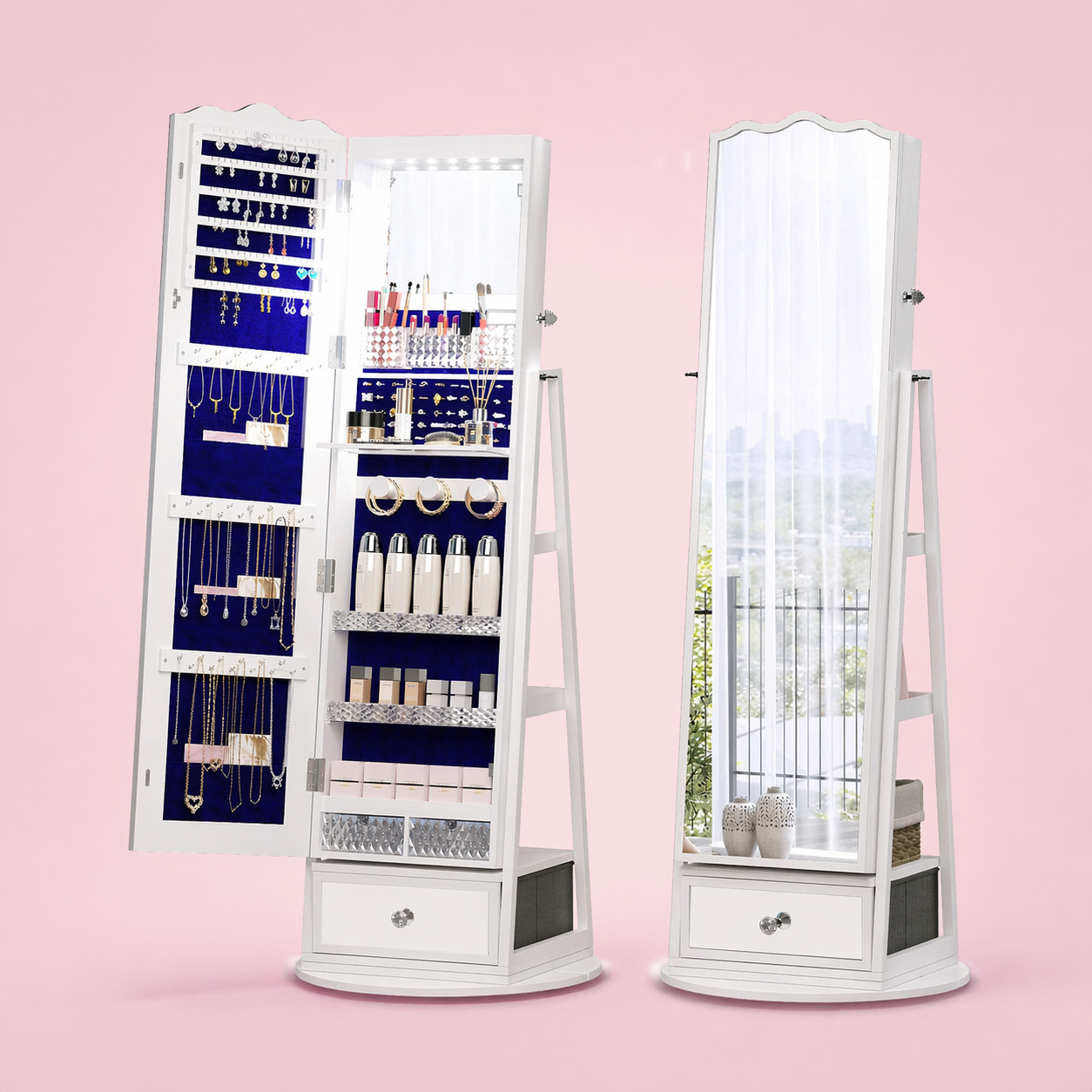 360° Rotating Jewelry Cabinet with LED Lights - Built-in Makeup Mirror