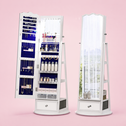 360° Rotating Jewelry Cabinet with LED Lights - Built-in Makeup Mirror