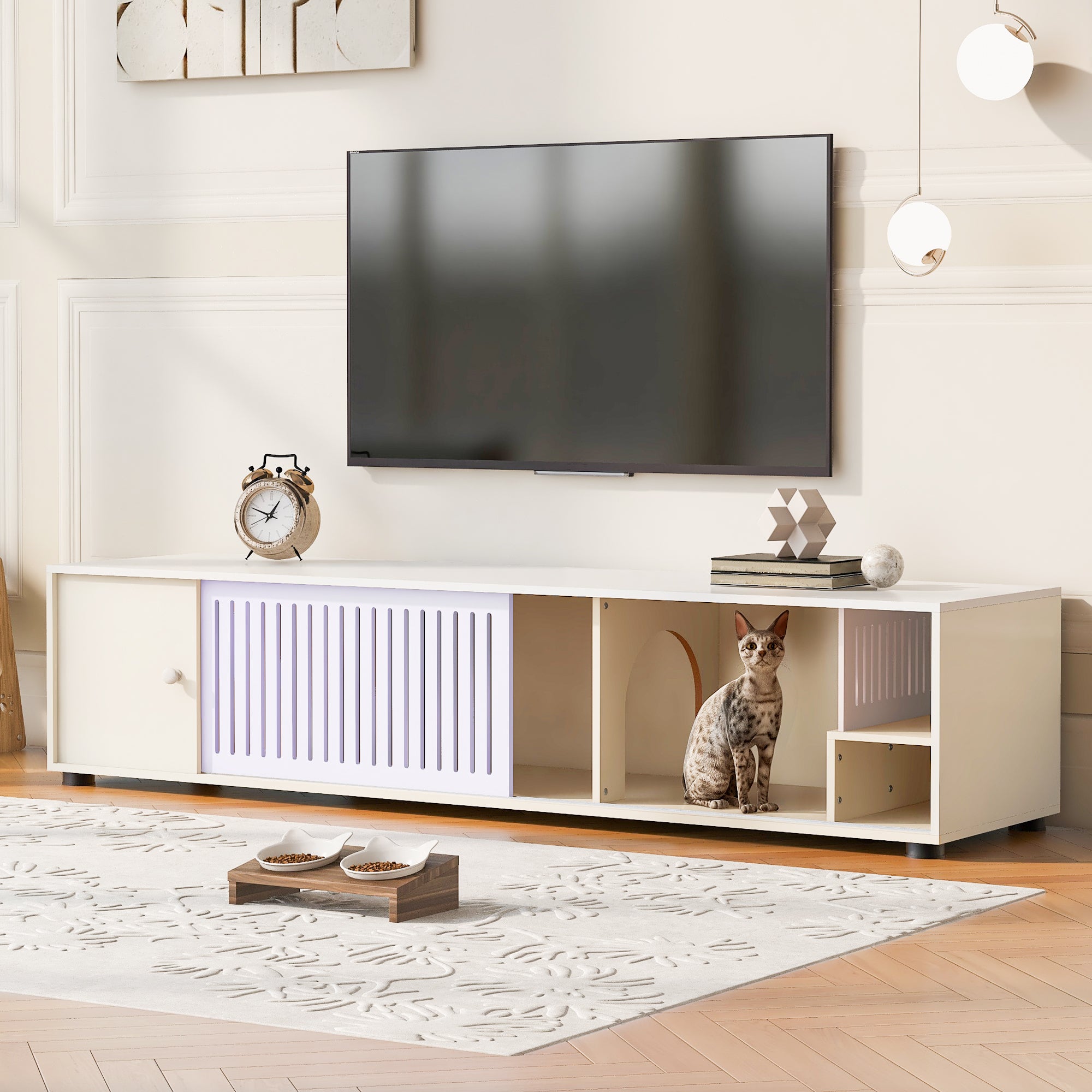 Modern Cream White TV Stand with Storage, Cat Litter Box Enclosure with Removable Sliding Door