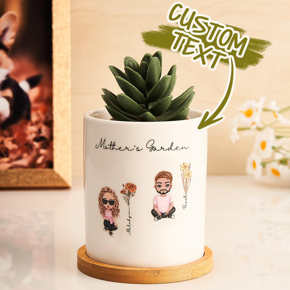 Personalized Cartoon Figure Birth Flower Ceramic Plant Pot Gift for Grandma Mom