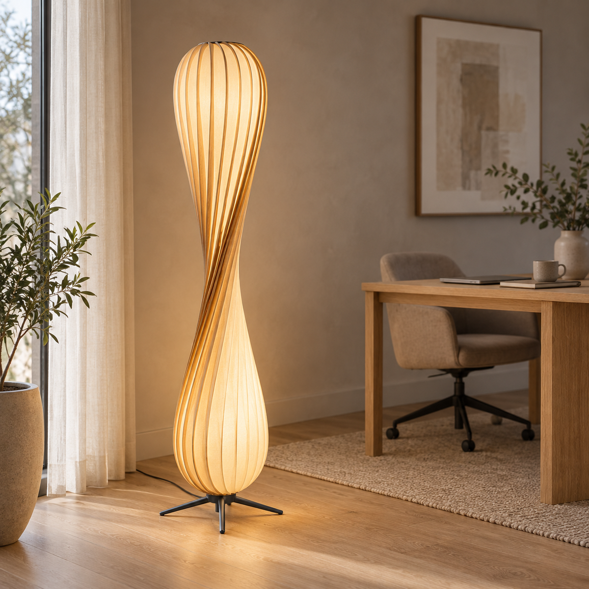 Modern Sculptural Twist Floor Lamp, Dimmable Wood LED Standing Lamp for Bedroom & Living Room