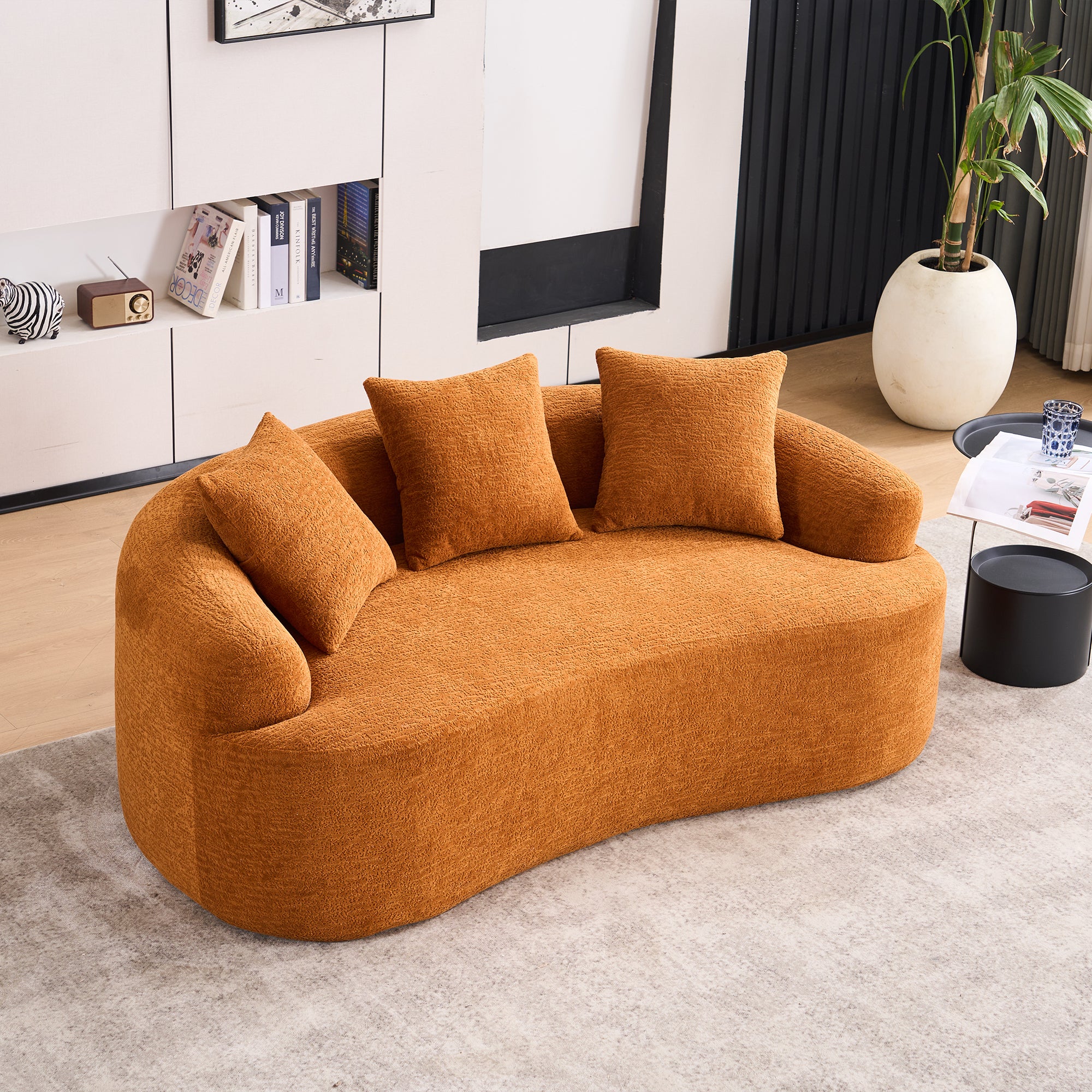 LY-025S Curved Loveseat Orange Full Compression Sponge Sofa, 30D Chenille No-Assembly Compact Sofa for Small Spaces & Apartments, 65'L, 300 lbs, 3 Pillows