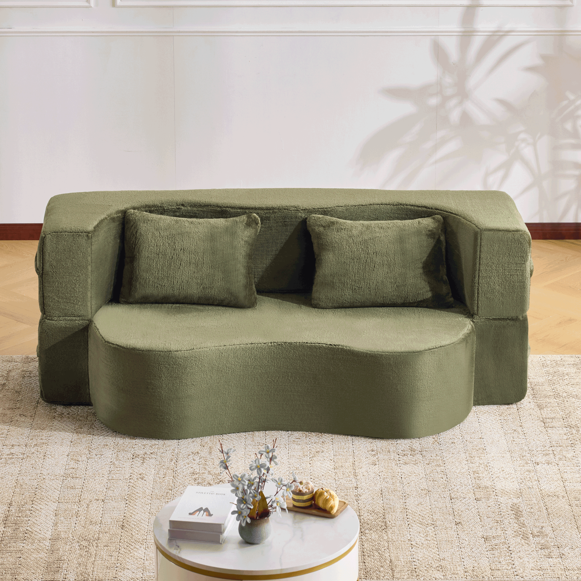 71-inch folding sofa bed, plush futon sofa bed, high-density foam convertible sofa bed, folding floor sofa bed for living room, guest room, bedroom, green