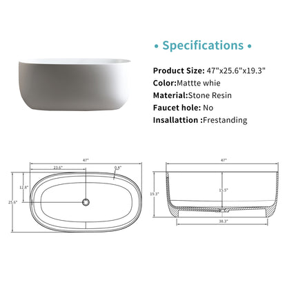 47 Inch Freestanding Bathtub Matte White Stone Resin Soaking Tub for Small Bathrooms