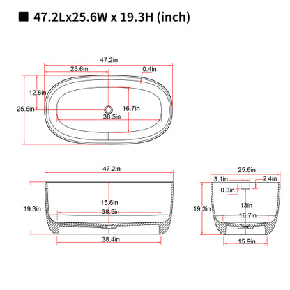 47" Compact Matte White Stone Resin Freestanding Soaking Bathtub with Overflow & Pop-Up Drain